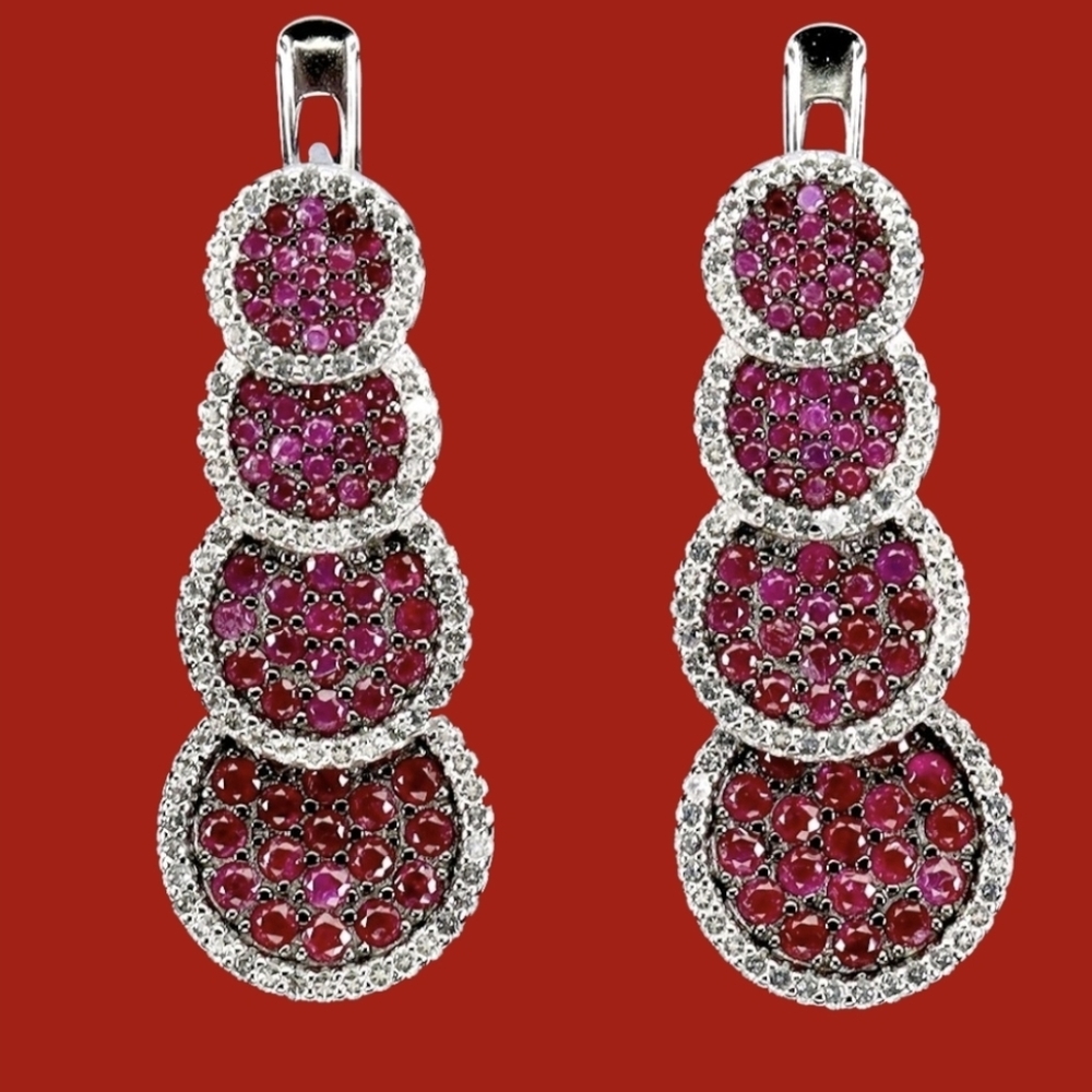 925 Sterling Silver Earrings 2.5cm with Natural Myanmar Ruby & White Topaz Gems
